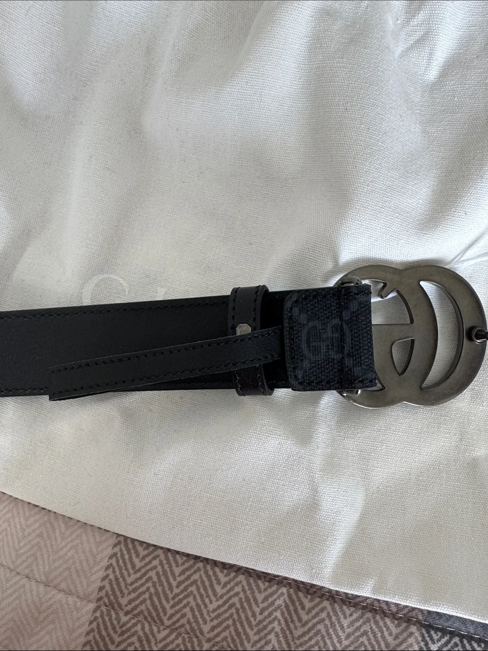 NWT Gucci Black GG Canvas Belt with Gunmetal Double G Buckle Sz 95